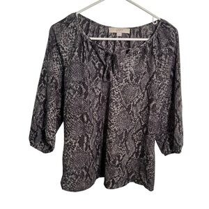 Loft Blouse Black Gray Snake Print Keyhole 3/4 Sleeve S